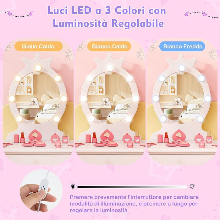 Set Toeletta Trucco per Bambina con Sgabello, Specchiera Trucco Staccabile con Luci LED a 3 Colori, Postazione Trucco Giocattolo con Cassetto e Accessori, per Bambine di 3-7 Anni (Bianco)