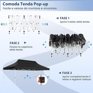 Gazebo Pieghevole da Giardino 3 x 6m, Gazebo Pop-up con Borsa da Trasporto, Regolabile in Altezza, per Feste, Barbecue, Giardino e Spiaggia (Nero)