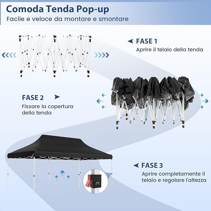 Gazebo Pieghevole da Giardino 3 x 6m, Gazebo Pop-up con Borsa da Trasporto, Regolabile in Altezza, per Feste, Barbecue, Giardino e Spiaggia (Nero)