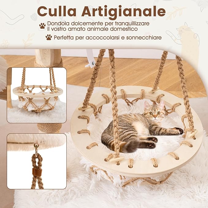 Albero per Gatti, Tiragraffi per Gattini Moderna con Dondolo Appeso, Tiragraffi e Piattaforme Imbottite, Mobili per Gatti per Arrampicata Interna