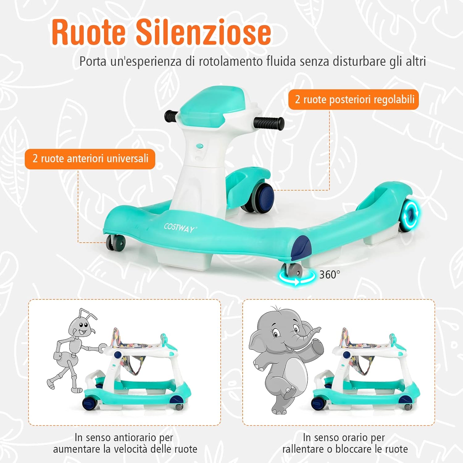 Girello per bambini 2 in 1, Girello con Altezza e Velocità Regolabili, Carillon con Luci e Cuscino Comodo, Primi Passi per Bambini 6-18 Mesi, Capacità di carico: 15 kg (Verde)