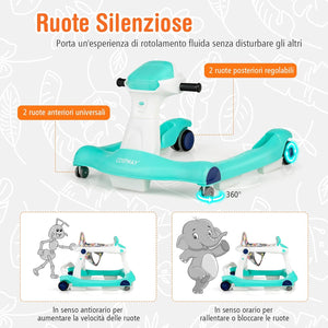 Girello per bambini 2 in 1, Girello con Altezza e Velocità Regolabili, Carillon con Luci e Cuscino Comodo, Primi Passi per Bambini 6-18 Mesi, Capacità di carico: 15 kg (Verde)