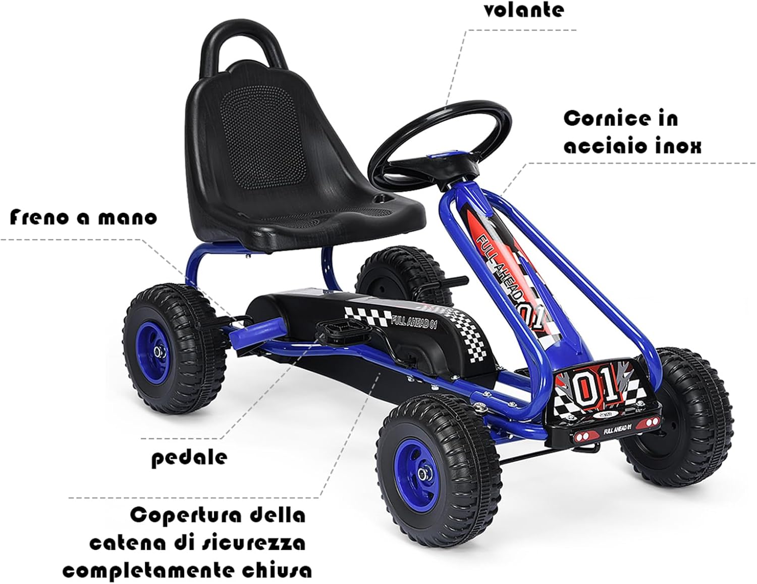 Go Kart a Pedali per Bambini, Go Kart Veicolo con Sedile Regolabile e Freno a Mano, per Bambini 3-6 Anni, Portata Massima 30 kg (Blu)