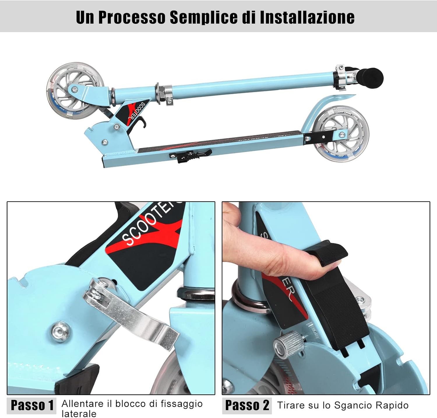 Scooter pieghevole Monopattino per bambini, regolabile in altezza, con 2 ruote lampeggianti, Scelta a colori (Azzurro)