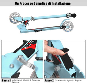 Scooter pieghevole Monopattino per bambini, regolabile in altezza, con 2 ruote lampeggianti, Scelta a colori (Azzurro)