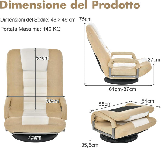 Sedia da Pavimento Pieghevole, Poltrona Sedia da Yoga per Meditazione, Portatile Inclinabile Girevole, da Salotto Camera da Letto (Marrone chiaro)