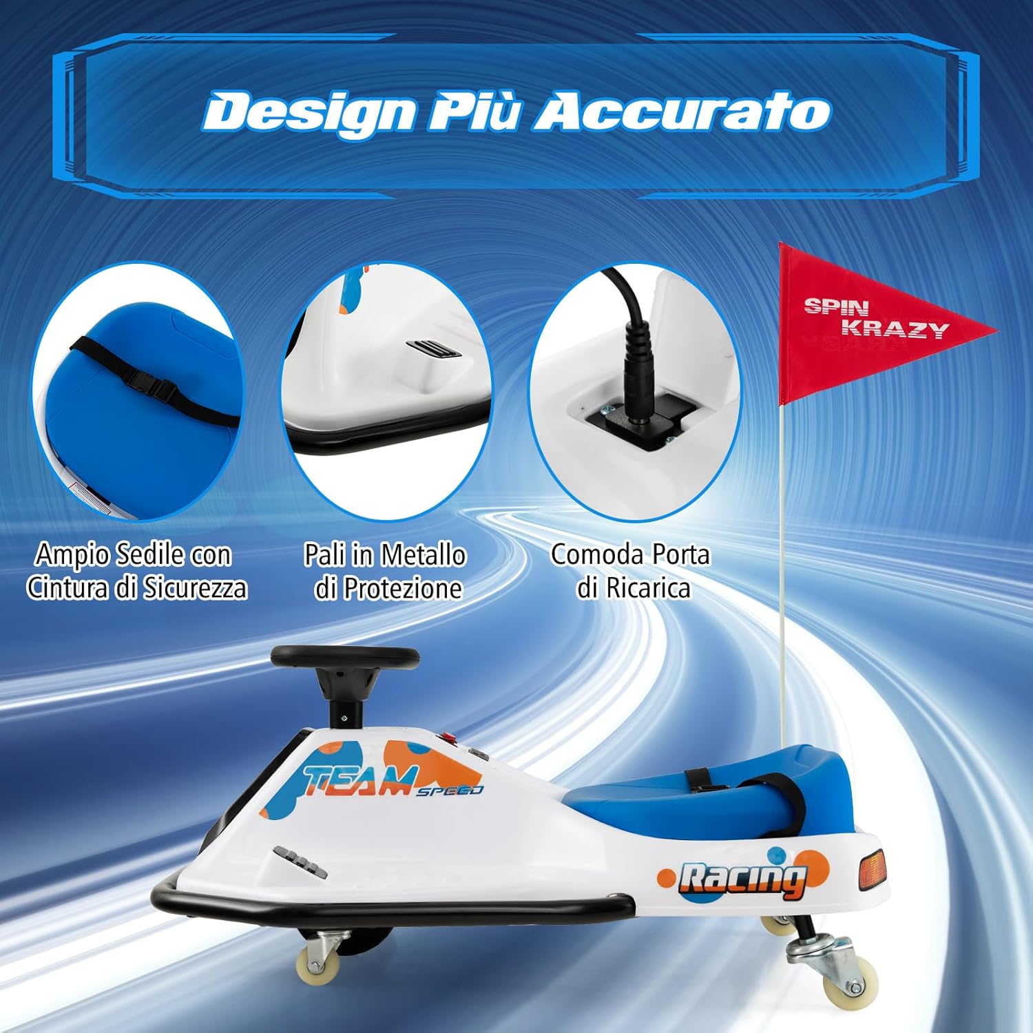 24 V Go Kart per bambini, Auto Drift con Giro a 360°, con Connessione Wireless USB Radio Musica e 3 Bandierine, Avviso Lento, 3-8 km/h, per Bambini 3+ Anni