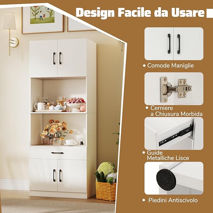 Credenza da Cucina Salvaspazio, Mobile Dispensa con Stazione di Ricarica, 4 Ante, 2 Ripiani Regolabili e 1 Cassetto, Armadio Alto per Soggiorno e Sala da Pranzo, 65 x 38 x 168 cm