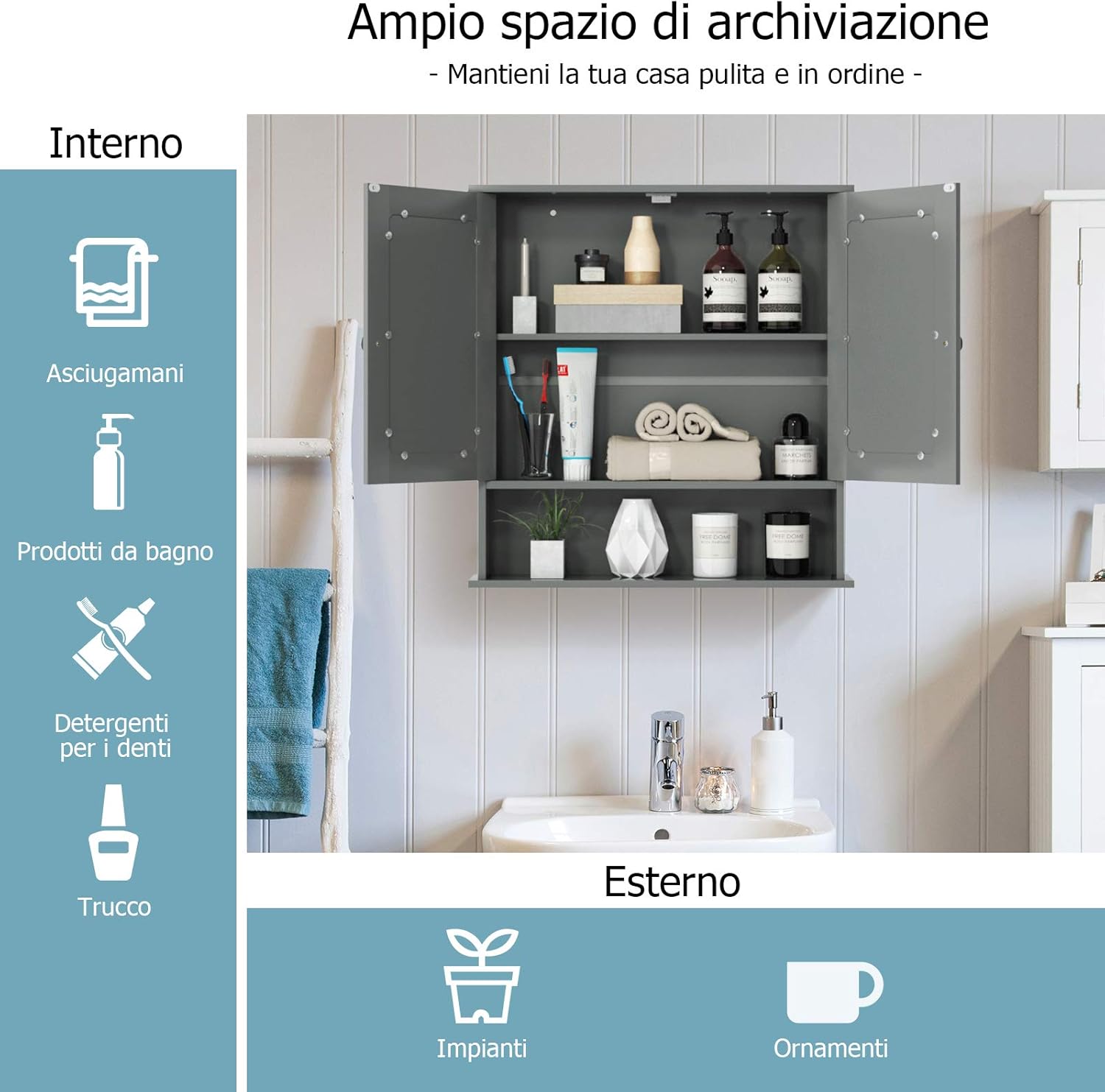 Armadio da Bagno con Ante e Cassetto 43 x 34 x 77cm, Mobile Bagno con Mensola Regolabile e Dispositivo Anti-ribaltamento, Armadietto Elegante per Ufficio, Soggiorno e Camera da Letto, Bianco