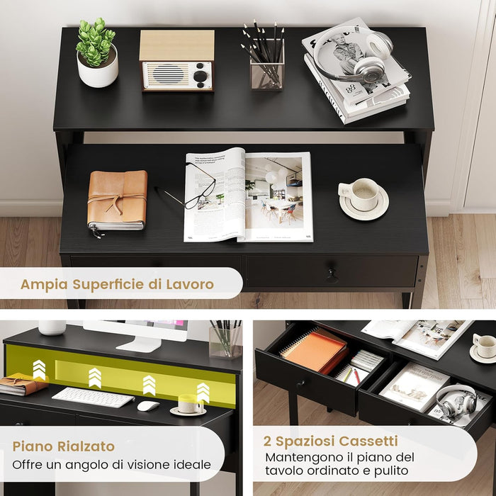 Scrivania per Computer, Tavolo Salvaspazio Retrattile con Cassetti e Ruote Universali Bloccabile, 100 x 63 x 88 cm, Desk Gaming per Ufficio, Soggiorno e Camera da Letto (Nero)
