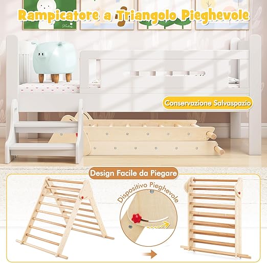 3 in 1 Arrampicata Giocattolo a Triangolo per Bambini, Set di Arrampicata con Rampa di Scivolo a 2 Lati e Inclinazione Regolabile, Arrampicatore per Bambini 1 Anno+ (Stile 2 Naturale)