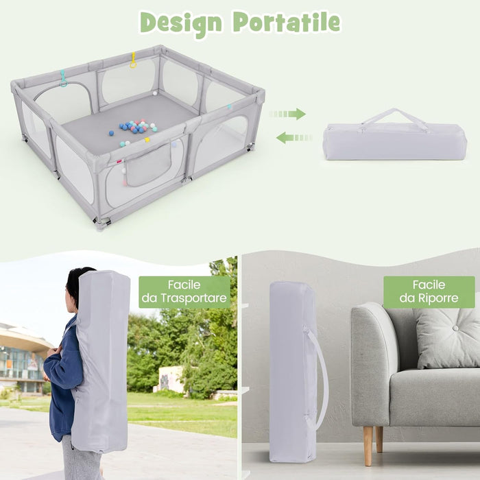 Recinto per Bambini, Box per Bambini con Rete Traspirante, Centro Attività per Bambini con 50 Palline, Box Giochi per Bambini 0-3 Anni (Grigio, 189 x 158 cm)