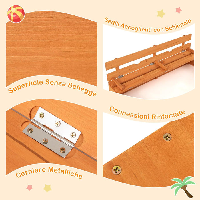 Sabbiera per Bambini in Legno, Sabbiera da Esterno con Coperchio, 2 Panchine con 4 Sedili Larghi e Schienali, Sabbonaia per Giardino, Patio e Cortile, 125 x 118 x 42,5 cm
