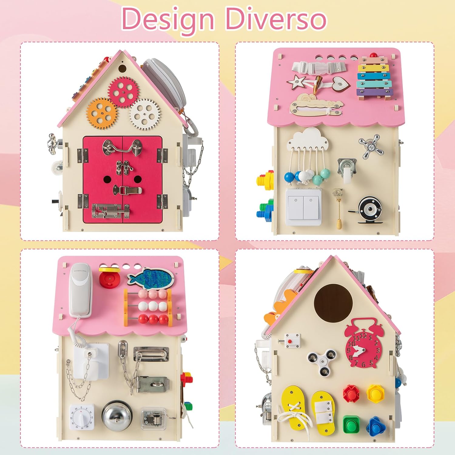 Occupato Montessori per Bambini, Casa da Gioco Montessori con Giochi Sensoriali e Spazio Interno, Giocattolo Educativo e Regalo per Bambini 3 Anni+ (Rosa)