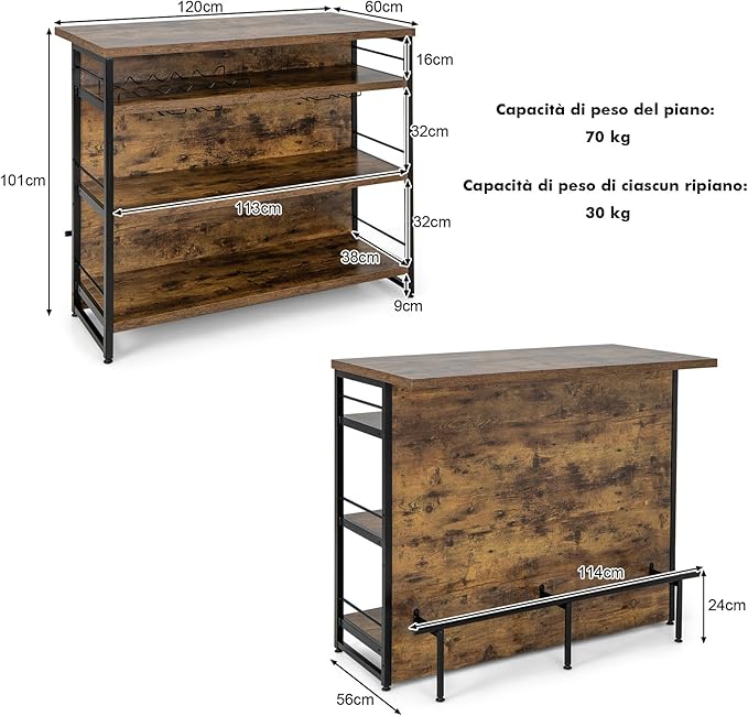 Isola per Cucina con Ampio Piano di Lavoro, Mobile da Cucina con 3 Ripiani Aperti, Poggiapiedi e Piedini Regolabili, Struttura in Metallo, per Cucina, Soggiorno, 120 x 60 x 101cm (Marrone)