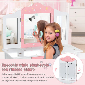 Toeletta Trucco 2 in 1 per Bambina Staccabile, Specchiera per Ragazza in Legno con Giocattoli, Sgabello e Cassetto, Postazione Trucco per Cameretta e Cmera da Letto, 3 Anni 70x35x104cm(Bianco)