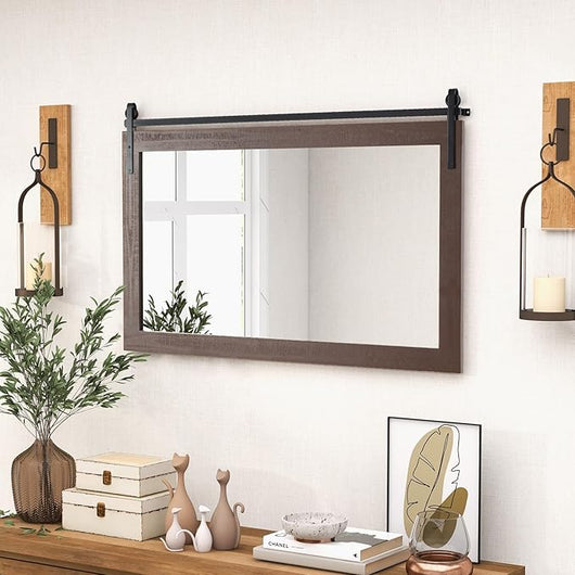 Specchio da Parete 100 x 66 cm, Specchio Rettangolare con Cornice in Legno Massiccio e Staffa in Metallo, Decorazione da Parete per Soggiorno Ingresso Bagno, Marrone (Noce)