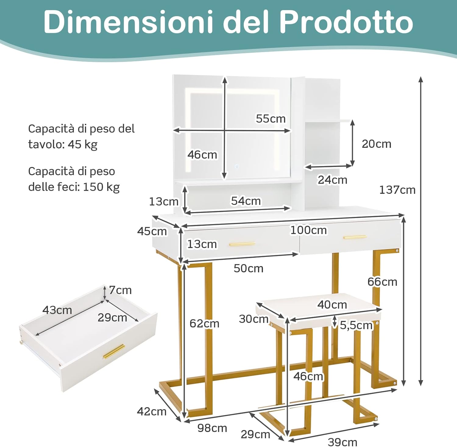 Postazione Trucco con Luci e Sgabello, Tavolo da Trucco con Specchiera e 2 Cassetti, Scaffali Portaoggetti, Stile Moderno, per Camera da Letto, Bianco