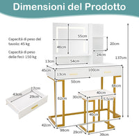 Postazione Trucco con Luci e Sgabello, Tavolo da Trucco con Specchiera e 2 Cassetti, Scaffali Portaoggetti, Stile Moderno, per Camera da Letto, Bianco
