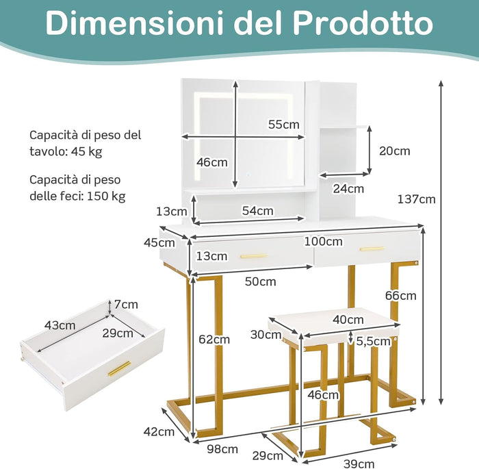Postazione Trucco con Luci e Sgabello, Tavolo da Trucco con Specchiera e 2 Cassetti, Scaffali Portaoggetti, Stile Moderno, per Camera da Letto, Bianco