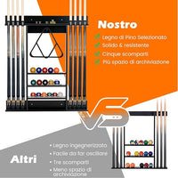 Porta Stecche da Biliardo in Legno Massello, a Parete Può Ospitare 8 Stecche 15 Palle e 1 Portapalle, Attrezzatura per Sala da Biliardo Club e Bar (Nero)