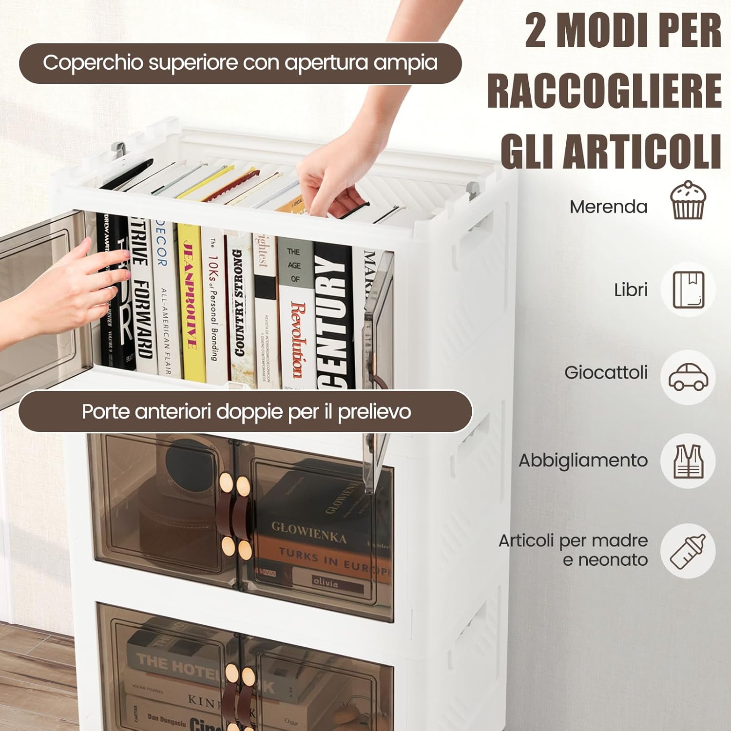 Set di Contenitori in PP, Contenitori Plastica con Coperchio, Scatola Portaoggetti Pieghevoli con Ruote, per Soggiorno, Camera da Letto, Cucina (L-Set di 4)