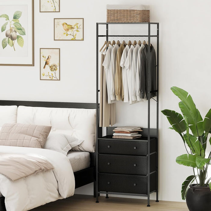 Appendiabiti con Cassetti in Tessuto, Armadio Autoportante con Asta Appendiabiti a 3 Posizioni e Ripiani di Stoccaggio, Ideale per Ingresso Camera da Letto, 55x28x176 cm (Nero)