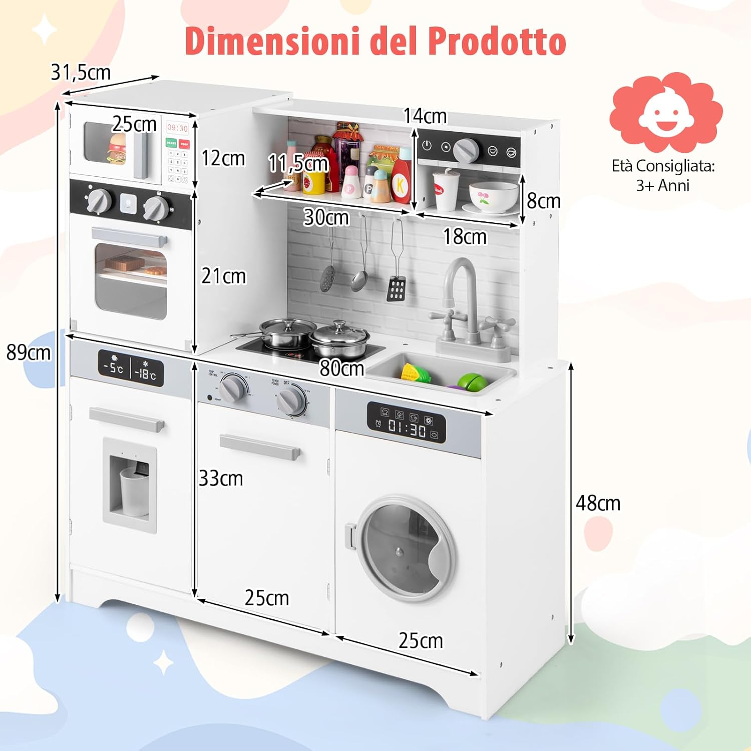 Cucina Giocattolo in Legno per Bambini con Forno, Microonde, Lavello, Rubinetto e Lavatrice, Luci e Suoni Realistici, 3+ Anni