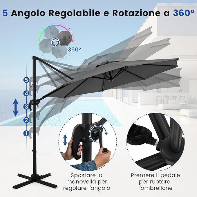 Ombrellone da Esterno 294 cm, Ombrellone con Rotazione a 360°, 5 Angoli di Inclinazione Regolabili, Base a Forma di Croce, 8 Stecche, Ombrellone per Giardino, Piscina, Cortile