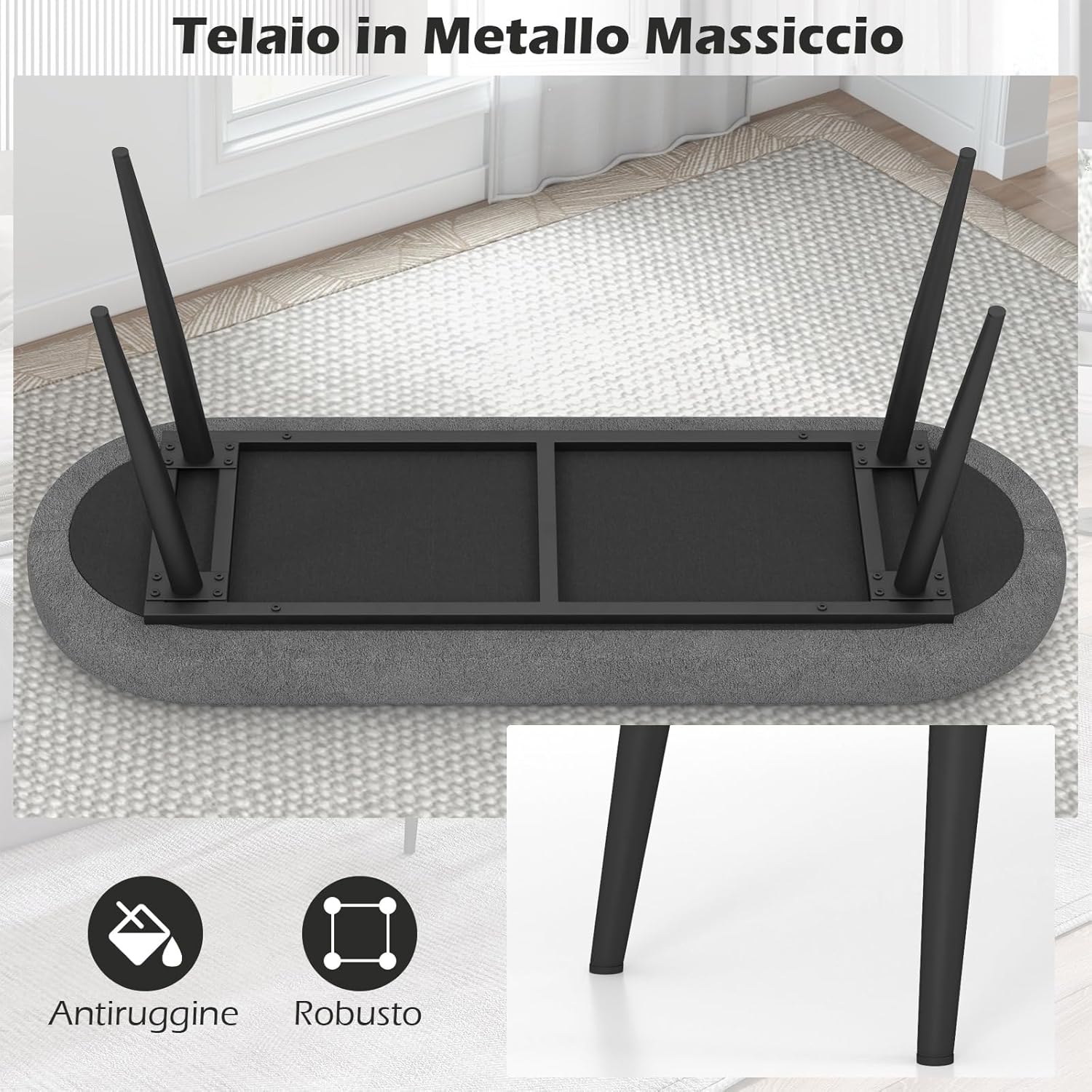 Panca Scarpiera da 113 cm, Panca da Ingresso con Cuscino Imbottito in Spugna e Gambe Metalliche Solide, Panca Fondo Letto per Soggiorno Camera da Letto, Carico 300 kg (Grigio)