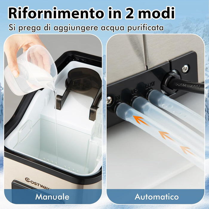 Fabbricatore di Ghiaccio 24kg/24h, 2 Modi di Ricarica dell'Acqua Autopulente e Finitura in Acciaio Inox, Macchina per Produzione di Ghiaccio per Casa Ufficio e Bar