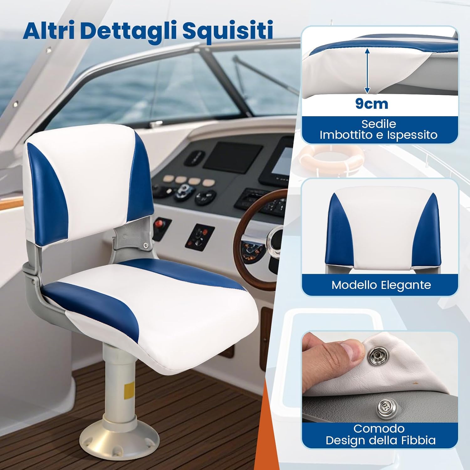 Set di 2 Sedie da Barca, Sedili da Barca Pieghevole Morbide Imbottite Spesse, Sedile Nautica Ergonomico per Imbarcazioni da Pesca, 49 x 46 x 48 cm, Blu e Bianco