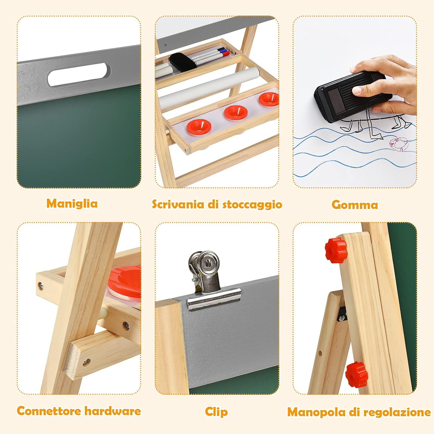 Cavalletto 3 in 1 Pieghevole per Bambini, Cavalletto Artistico di Legno con Altezza Regolabile, con Doppia Lavagna e Vassoio (Grigio)