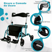 Deambulatore Multiuso 2 in 1, Deambulatore per Anziani in Alluminio con Altezza Regolabile a 6 Livelli, Poggiapiedi Pieghevole (Blu)