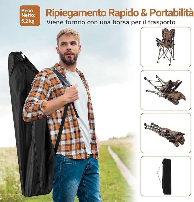 Sedia Pieghevole da Campeggio, Sedia Mare Spiaggia con Portabicchieri e Tasca in Rete, Piedini Regolabili e Borsa di Trasporto, Portata 180 kg, per Pesca, Picinic e Caccia
