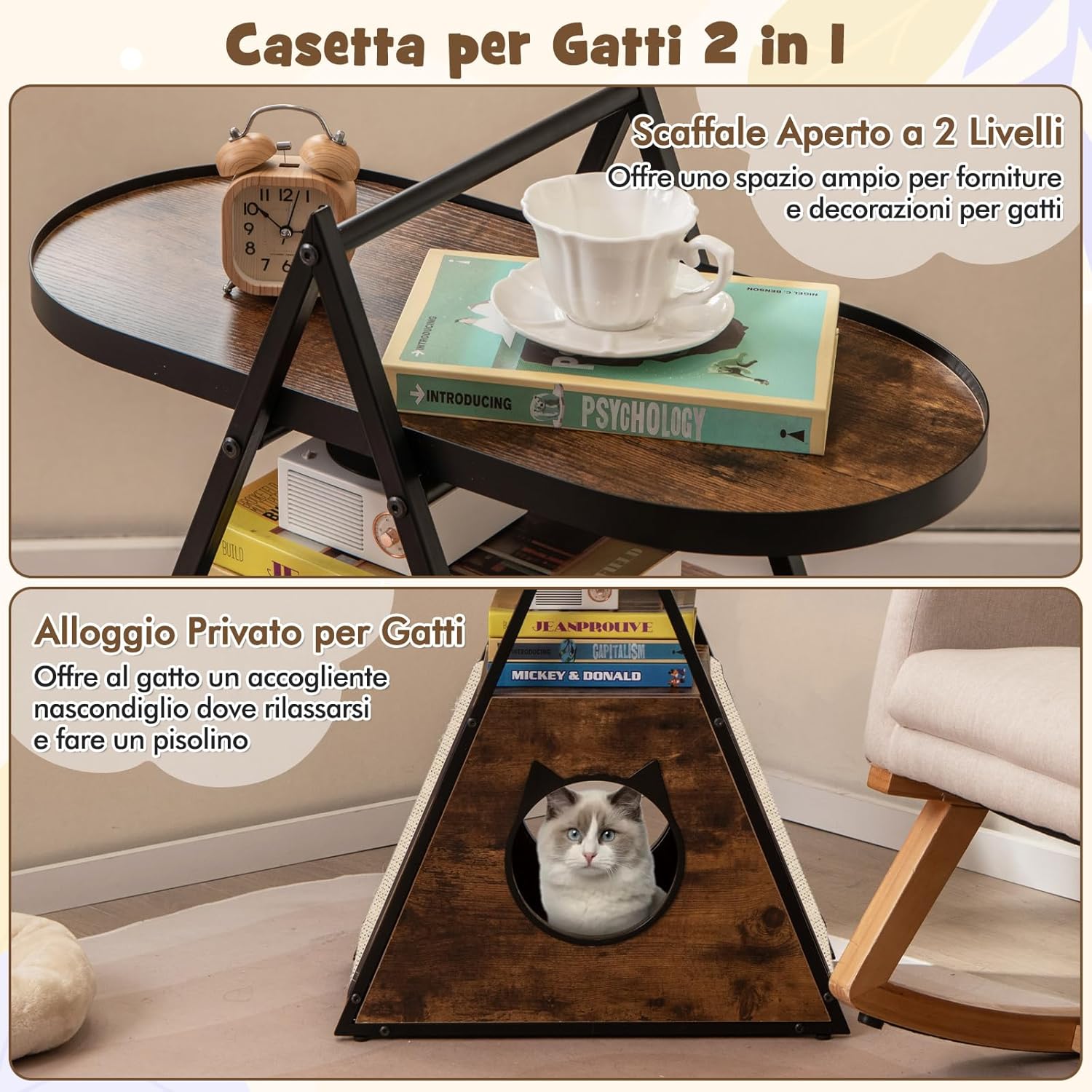 Mobile per Gatti, Tavolino Triangolare 2 in 1 con Condo Nascosto e Tappetini in Sisal, Comodino Moderno per Animali Domestici per Camera da Letto e Soggiorno in Legno e Metallo, 60 x 33 x 76cm