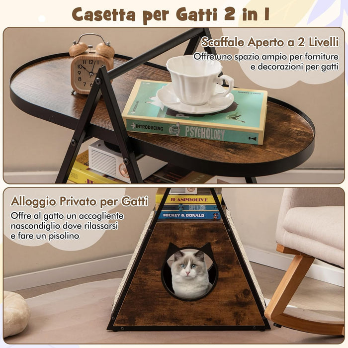 Mobile per Gatti, Tavolino Triangolare 2 in 1 con Condo Nascosto e Tappetini in Sisal, Comodino Moderno per Animali Domestici per Camera da Letto e Soggiorno in Legno e Metallo, 60 x 33 x 76cm