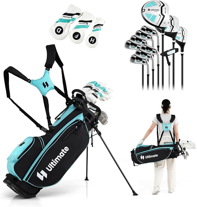 Set Completo di Mazze da Golf con Sacca a Treppiede, Include con Driver 1 da 460CC, Legno 3, Ibrido, Ferri 5, 6, 7, 8, 9, P, S, Putter e Copertura Antipioggia per Destrimani