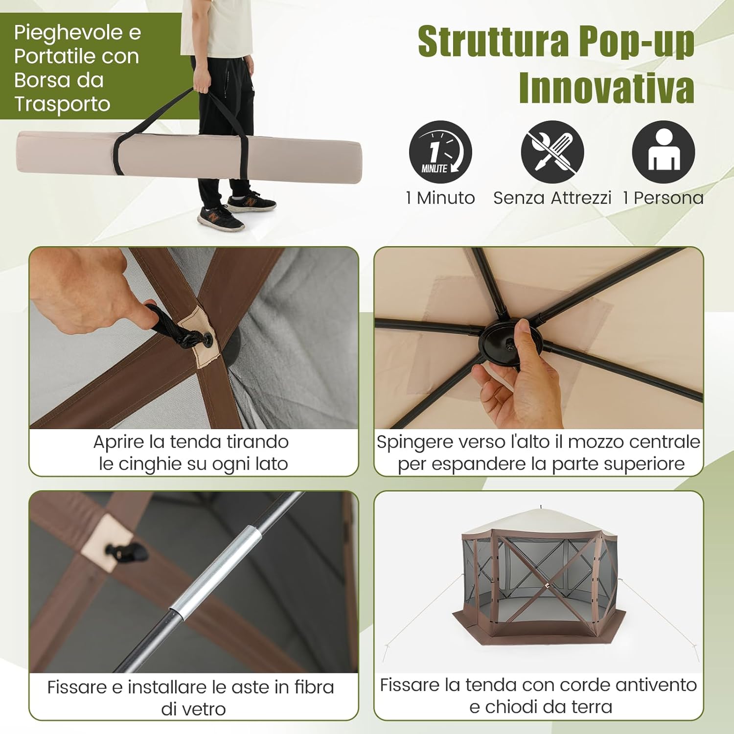 Gazebo da Giardino Pop-Up 3,5 x 3,5 m, Tenda da Giardino a 6 Lati con Tetto Ventilato e Manico, 2 Pareti Rimovibili, Rete a Maglia, Borsa da Trasporto per Patio, Giardino, Campeggio