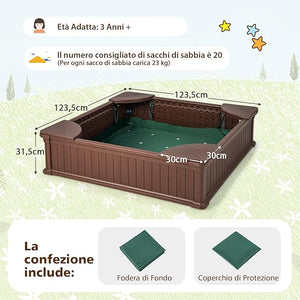 Sabbiera per Bambini, Sabbiera da Cortile con 4 Sedute Angolari e Copertura in Oxford, per Cortile Spiaggia Prato, 123,5 x 123,5 x 31,5 cm (Marrone)