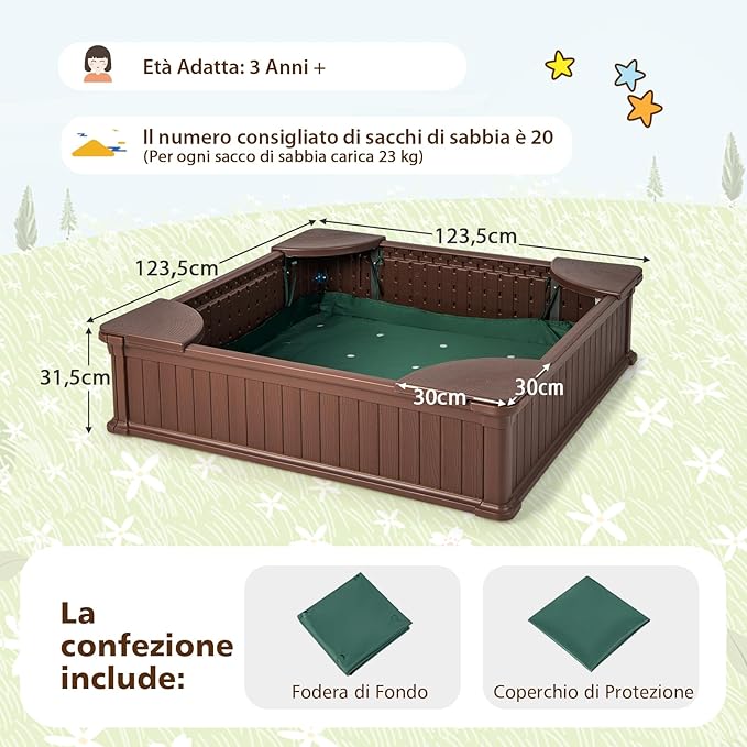 Sabbiera per Bambini, Sabbiera da Cortile con 4 Sedute Angolari e Copertura in Oxford, per Cortile Spiaggia Prato, 123,5 x 123,5 x 31,5 cm (Marrone)