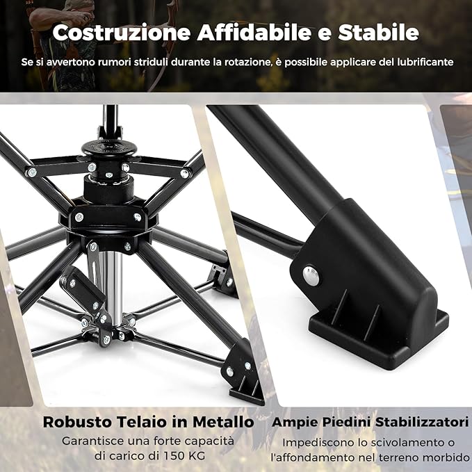 Sgabello da Campeggio Pieghevole, Sedia da Caccia Girevole a 360° con Piedi Anti-Affondamento, Borsa da Trasporto Compatta e Leggera, Piccolo Sgabello da Esterno Portara 150 kg (Mimetico)