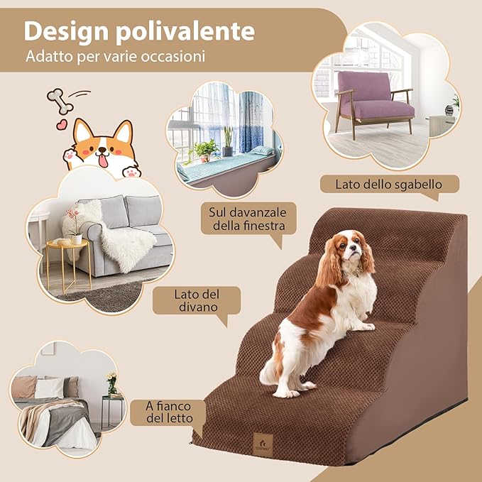 Rampa per Cani in Schiuma a 4 Livelli, Scale Antiscivolo con Superficie a Pendenza Dolce per Divani e Letti Alti, Rampa per Cani Piccoli e Vecchi, Animali con Problemi alle Articolazioni