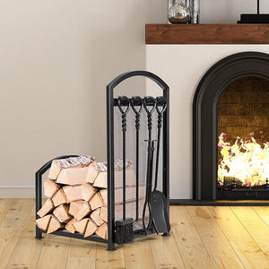 Porta Legna per Interni con 4 Attrezzi, Porta Legna per Camino di Metallo con Pala, Attizzatoio, Pinza, Scopa, Porta Legna da Ardere per Camino, Stufe e Braciere (43,5 x 39,5 x 69,5 cm)