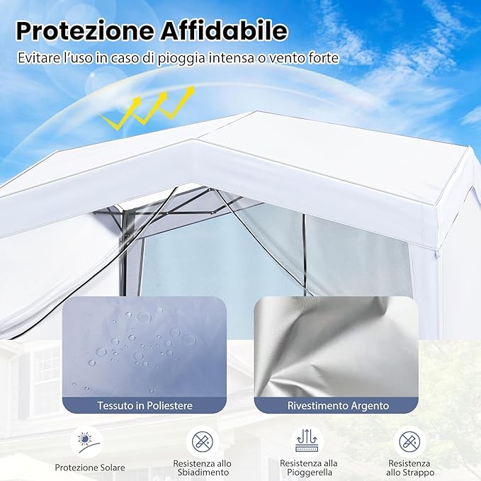 Gazebo Pop-up da Esterno 302 x 302 cm, Gazebo Pieghevole con 4 Pareti Laterali, Rete a Maglia, Borsa con Ruote, 8 Picchetti e 4 Corde Antivento, Tendone Impermeabile per Spiaggia e Cortile