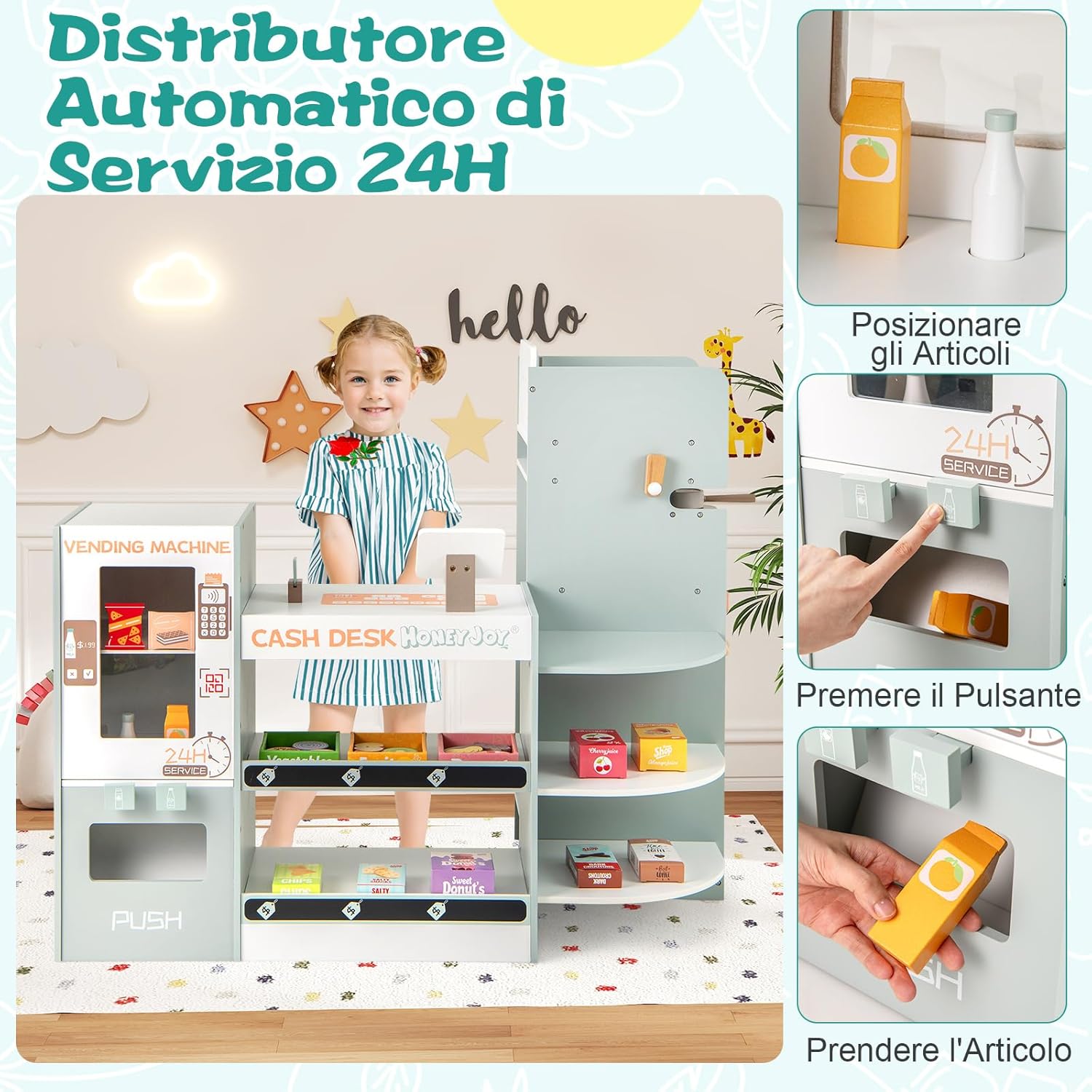 Mercato Giocattolo per Bambini con Cassa, Negozio Giocattolo in Legno con Macchina Caffè e Distributore Automatico, Banco Mercato Giocattolo con Scaffali e 30 Accessori, per Bambini 3+ Anni
