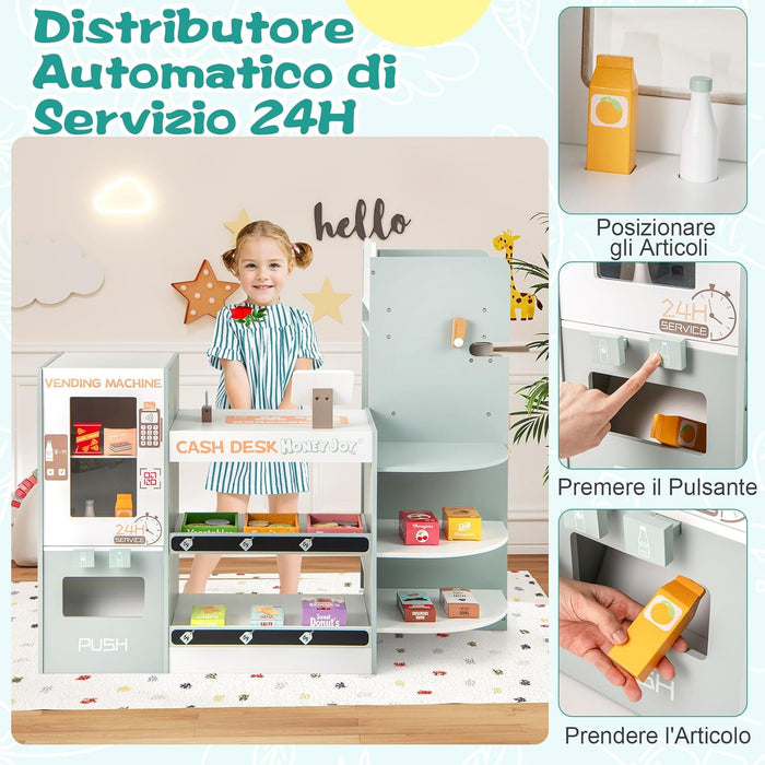 Mercato Giocattolo per Bambini con Cassa, Negozio Giocattolo in Legno con Macchina Caffè e Distributore Automatico, Banco Mercato Giocattolo con Scaffali e 30 Accessori, per Bambini 3+ Anni