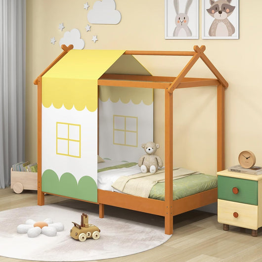 Letto per Bambini con Tetto, Letto con Tendina Rimovibile e 12 Doghe in Legno Massello, Letto Struttura per Bambini 1-6 Anni, 152x82x150 cm, Carico 100 kg