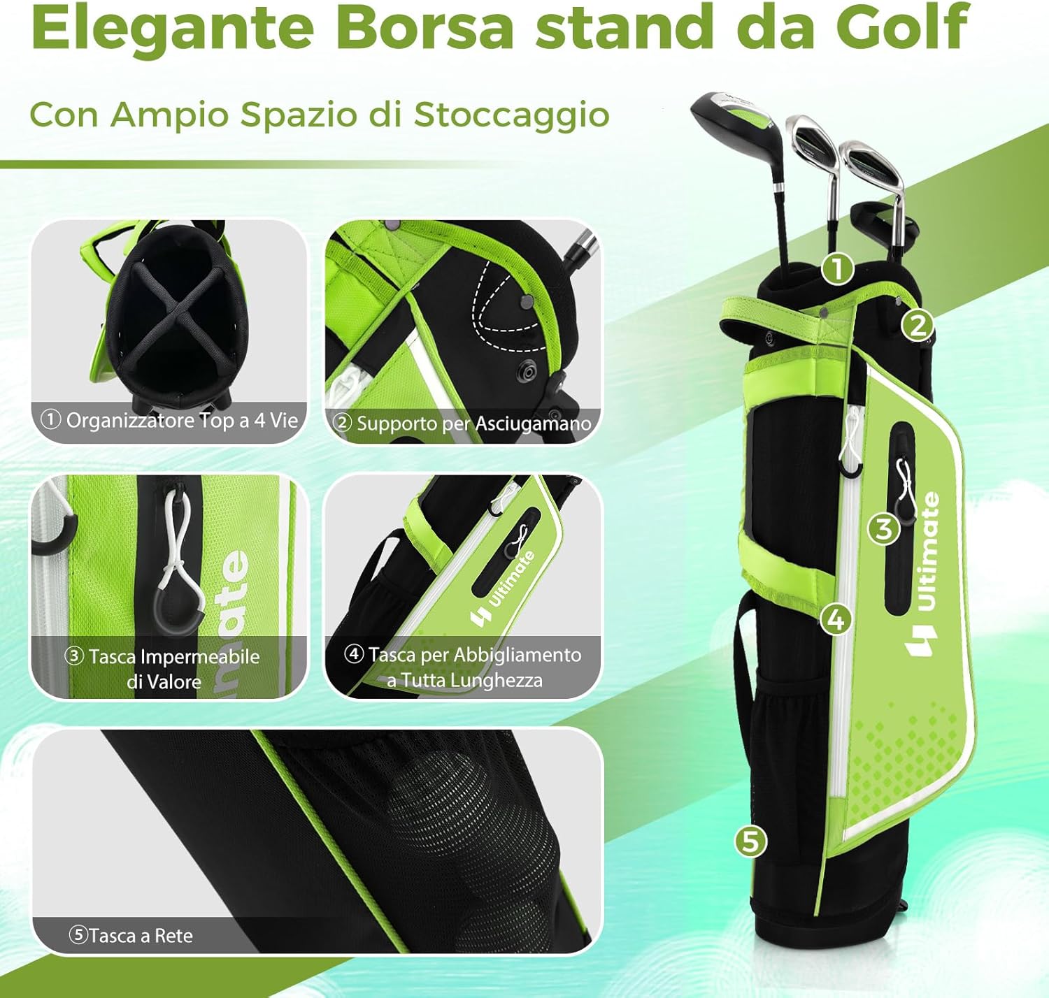 Set di Mazze da Golf per Bambini 8-10 Anni, Set Allenamento Golf con Sacca da Golf, Fodera Impermeabile, Driver 1, Ferro 7, Ferro S e Putter per Bambini e Bambine, Destrorso