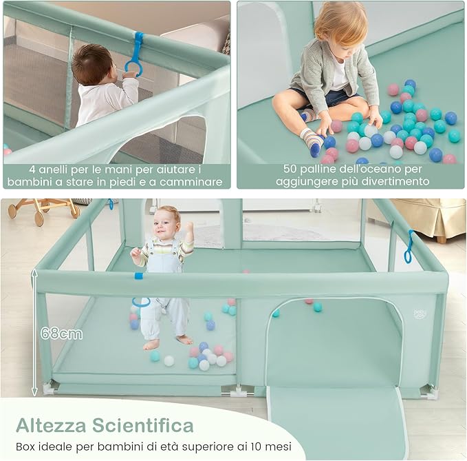 Recinto per Bambini, Box con Rete Traspirante, Centro Attività con 50 Palline, Giochi per 0-3 Anni (Verde, 200 x 180 cm)